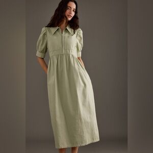 NWT Anthropologie ALIGNE Gabriella Sage Green Puff Sleeve Midi Dress Organic 10